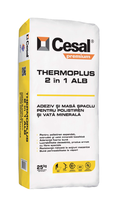 Cesal Thermoplus 2in1 alb. Adeziv polistiren, vata minerala, masa de spaclu.
