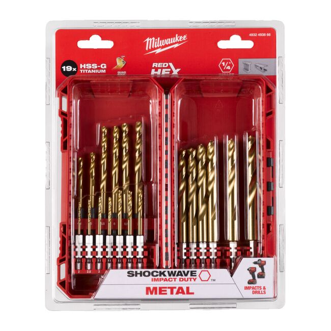 Set RED HEX - 19 Burghie SHOCKWAVE™ HSS-Ground Titan pentru metal Milwaukee, 4932493866